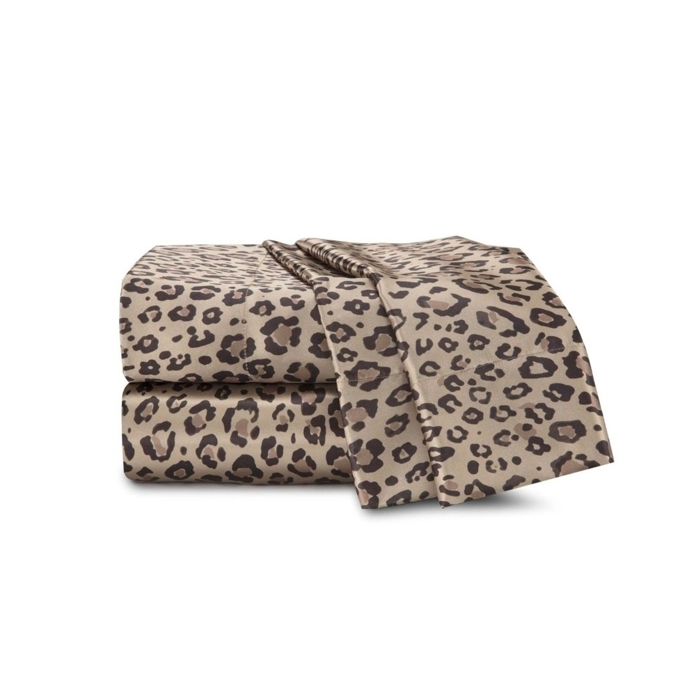 Martex Elegance Satin Luxury Queen Sheet Set Leopard Print Brown 4 Piece NEW